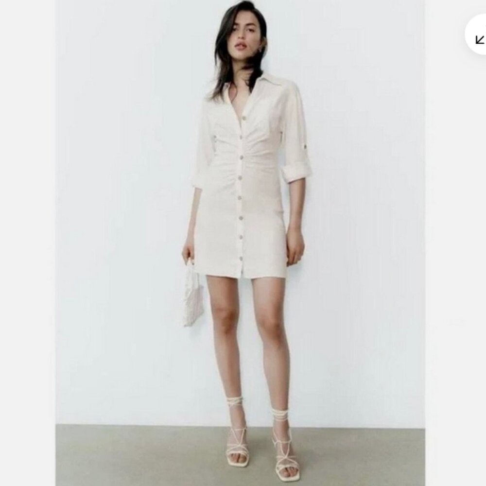 Zara NWT cream linen ruched dress XL NWT